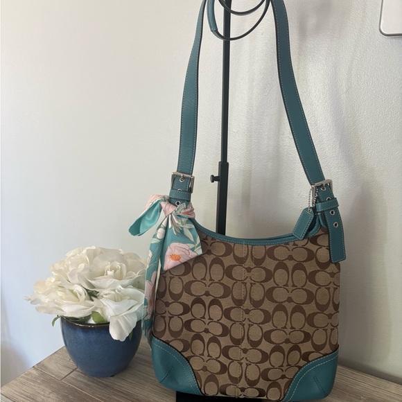 Coach Hampton Signature Jacquard Brown and Teal Hobo Bag - Picture 1 of 12